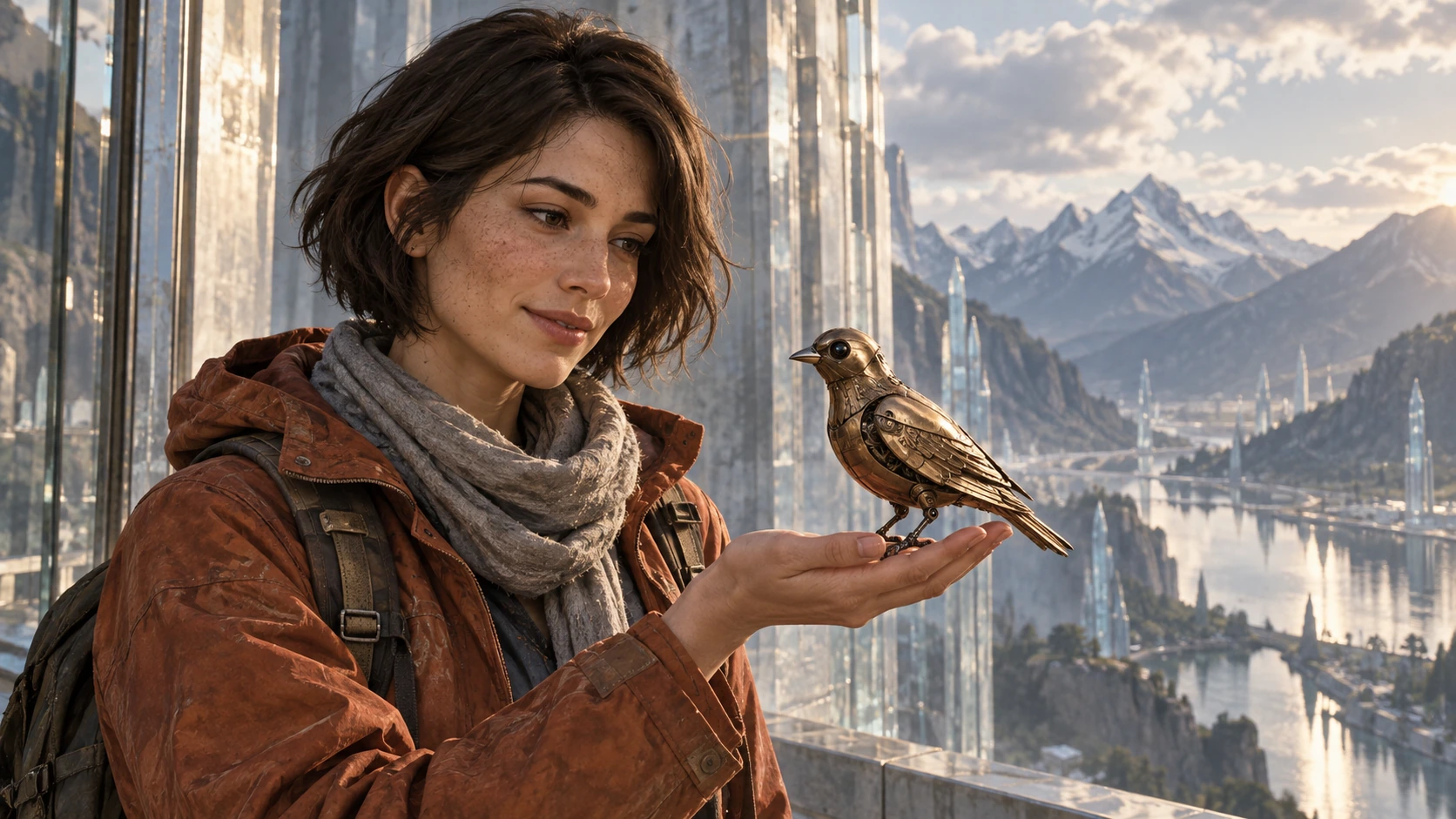 Original demo artwork: Mira holds a small copper bird above a sunlit city of glass